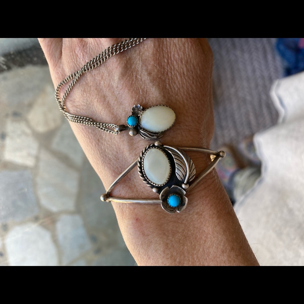 Sterling mother of pearl and turquoise set